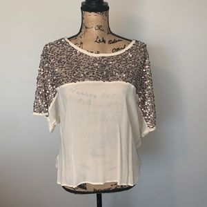 NWT semi-sheer short sleeve sequin blouse, size 40.